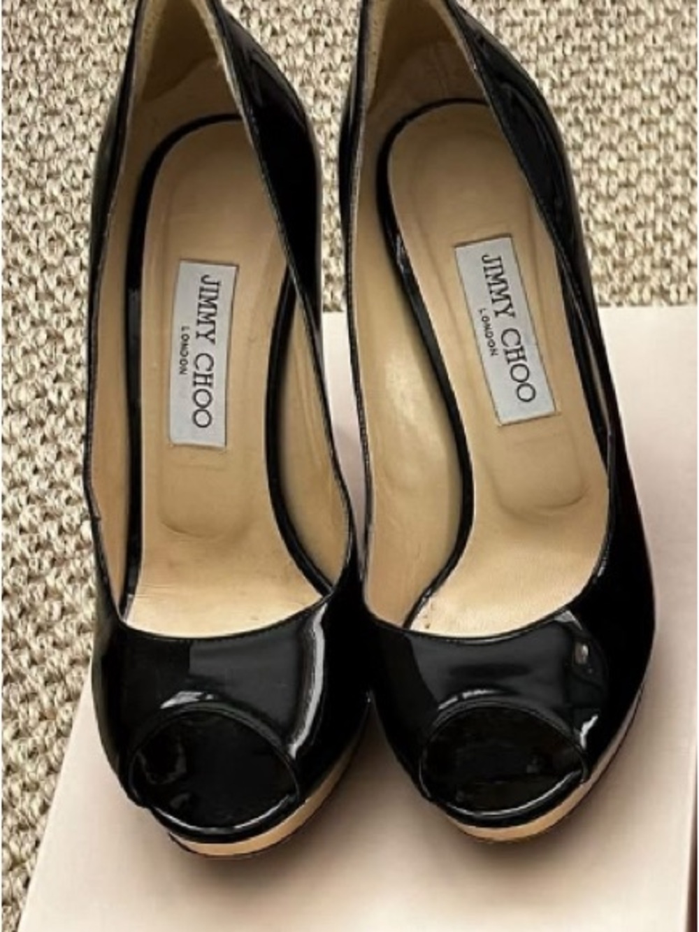 Jimmy Choo Alpha 85 Black Patent Leather Peep-Toe Pumps w/ Metallic Platform